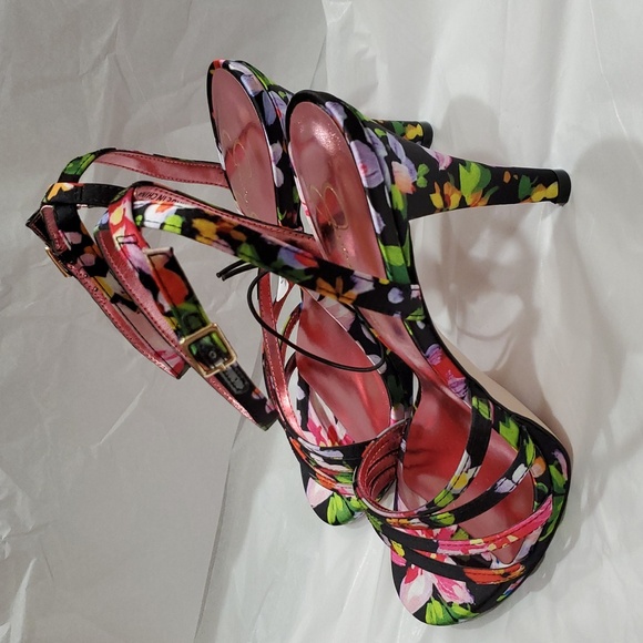 Jessica Simpson black hibiscus tropical floral strappy ankle strap heels size 11 - Picture 8 of 16
